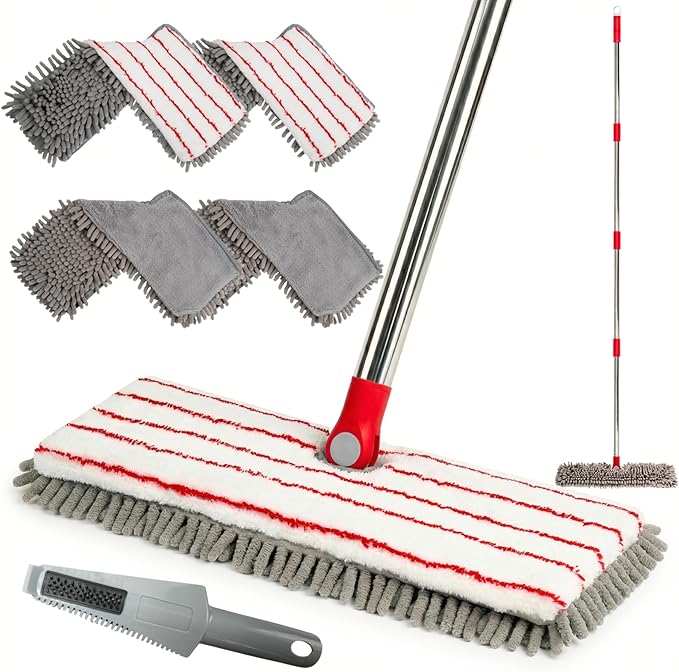 Microfiber Mops for Floor Cleaning Flat Dust Mop with 4 Washable Pads Dual-Sided Flip Mop for Wet &amp Dry Use Extendable 62’’ Handle with Scraper Floor Mops for HardwoodLaminateVinylKitchenT
