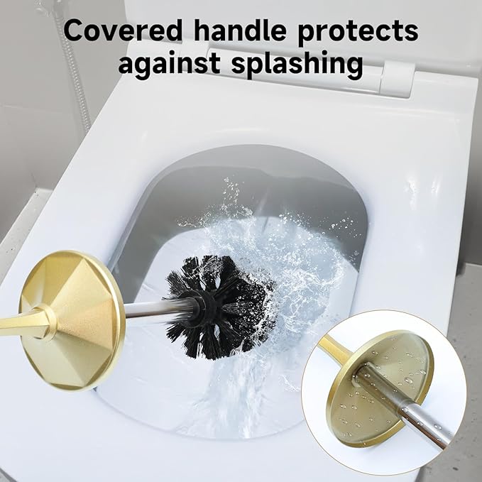 Gold Toilet Brush and HolderExtra Long Handled Toilet Brush for BathroomStainless Steel Heavy Duty Toilet Bowl BrushDeep Cleaning Modern Toilet Cleaner Brush -Space Saving Covered Brush Durable