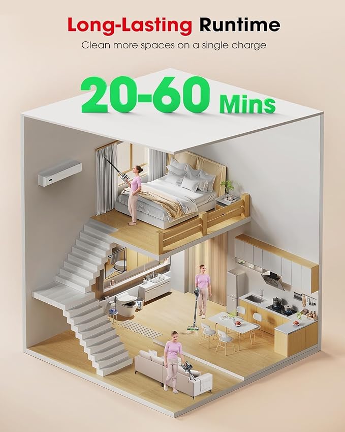 Cordless Vacuum Cleaners for Home G26 Vacuum Cleaner 45KPA Powerful Suction Up to 60 Minutes Tangle-Resistant Rechargeable Stick Vac with Wall Mount for Pet Hair Hardwood Floors