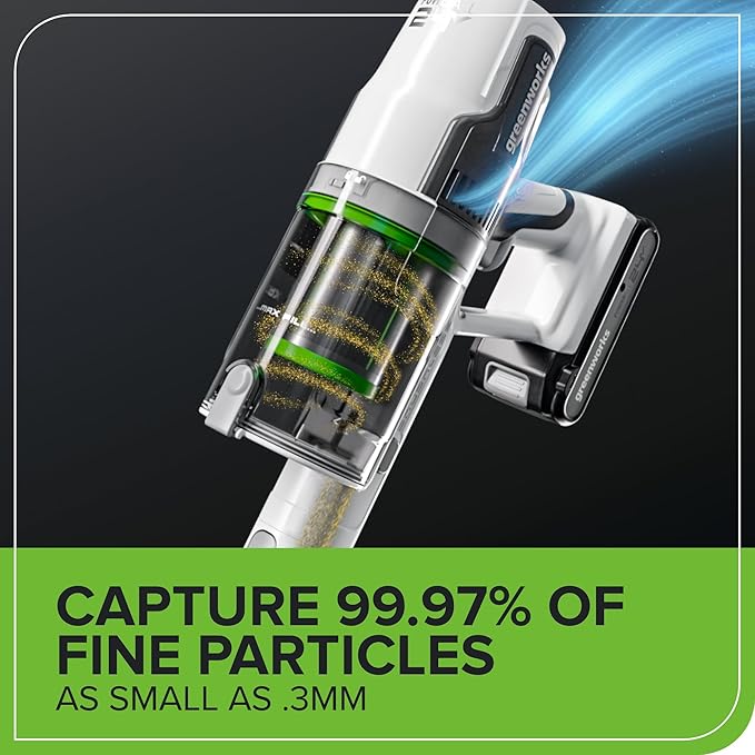 Greenworks 24V Brushless Cordless Stick Vacuum Lightweight Handheld Pet Anti-Allergen HEPA Filtration Hard Floor Carpet Car 4Ah Battery and 30-Minute Charge Time (White)