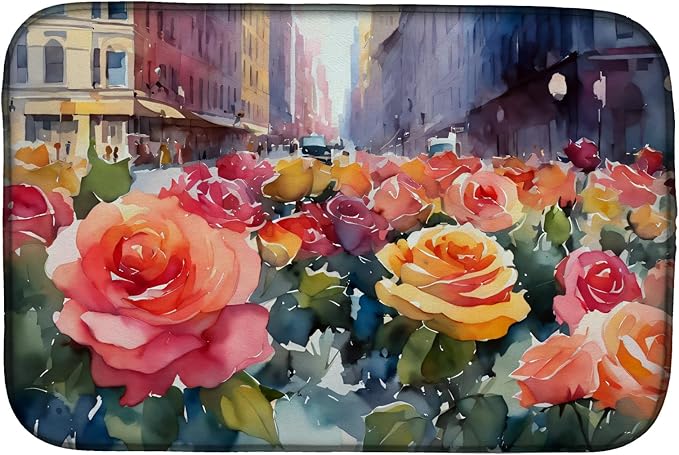 Caroline's Treasures DAC1691DDM New York Roses in Watercolor Dish Drying Mat Absorbent Dish Drying Mat Pad for Kitchen Counter Dish Drainer Mat for Countertop 14 x 21 Multicolor