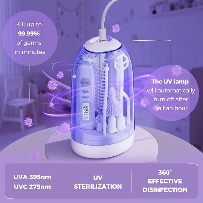 Electric Bottle Brush CleanerRechargable Electric Baby Bottle Brush Cleaner with ThermometerSilicone Bottle/Nipple/Straw BrushDrying RackTravel Bottle Cleaner Kit for New Moms (Violet)