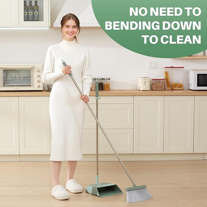 JOYMOOP Dark Teal Green Broom and Dustpan Set Upright Angle with Built-in Comb Teeth Ideal for Home Office Hardwood Pet Hair