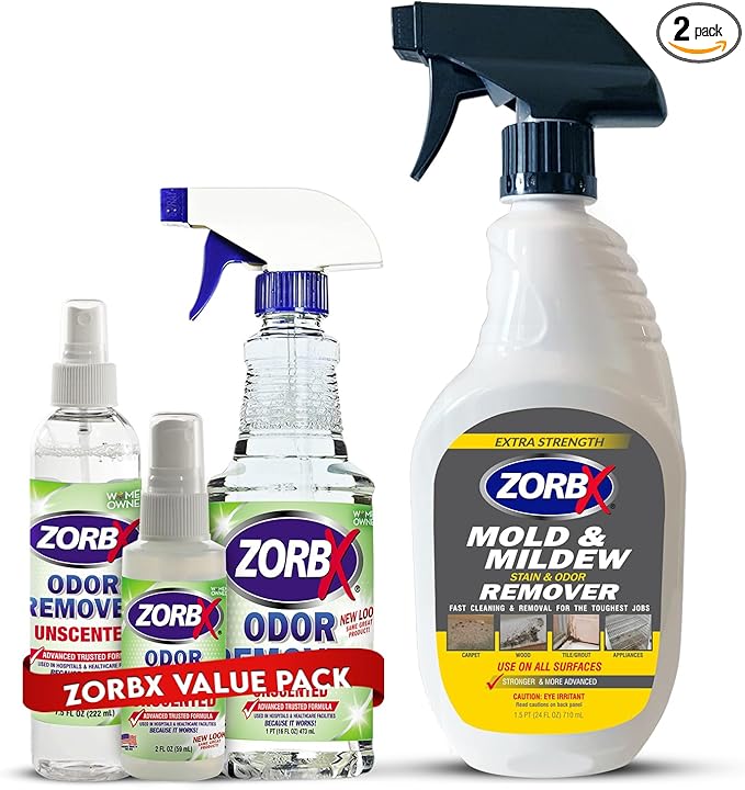 ZORBX Odor Remover Bundle – Includes 16 Oz Fast-Acting Odor Remover Spray 7.5 Oz Compact-Sized Odor Remover Spray 2 Oz Travel-Friendly Odor Remover Spray &amp 24 Oz M&ampM Stain and Odor Remover