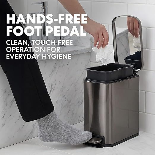6L/1.6G Stainless Steel Bathroom Trash Can with Hands-Free Foot Pedal Quiet Soft-Close Lid Compact Space-Saving Size