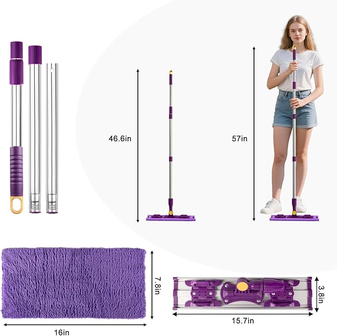 ITTAR 16 Dust Mop for Floor Cleaning Flat Mop with Stainless Steel Long Handle 5 Reusable Wahshable Mop Pads Microfiber Mops for Hardwood Laminate Tile Cleaning
