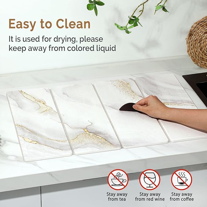 Large Stone Dish Drying Mat for Kitchen Counter 2 PCS Quick Dry Stone Mats Foldable Water Absorbing Diatomaceous Earth Drying Dishes Pad for Countertop Bottle Utensil Cup(Yellow White 24x16&amp8