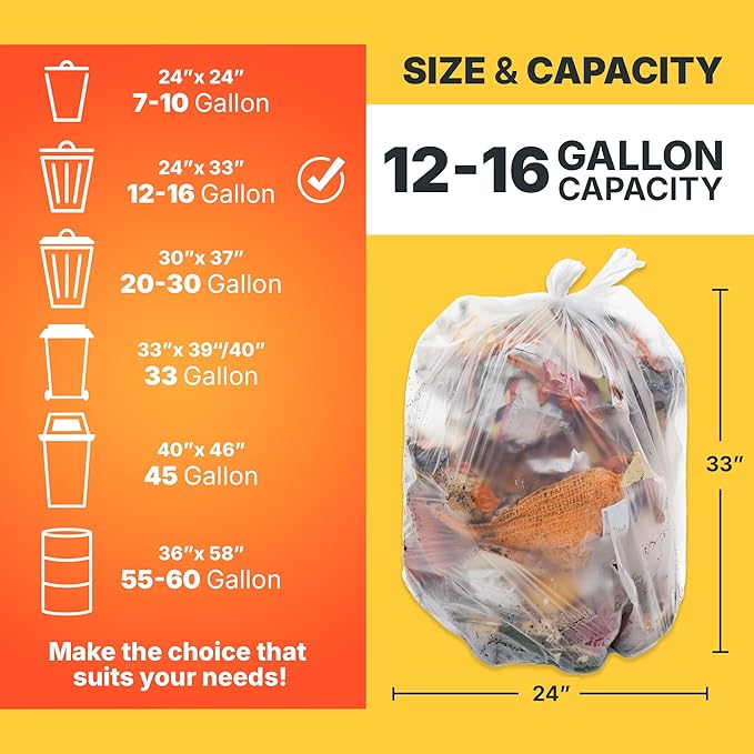 12-16 Gallon Trash Bags 8 Micron High Density Garbage Can Liners Bulk 24 x 33 Natural Clear 1000 Count
