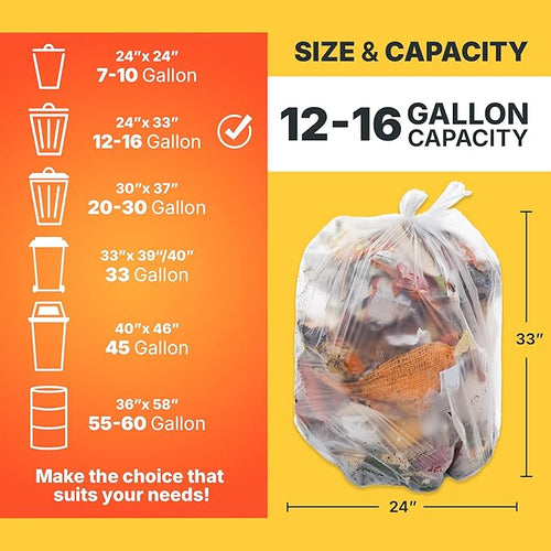 12-16 Gallon Trash Bags 8 Micron High Density Garbage Can Liners Bulk 24 x 33 Natural Clear 1000 Count