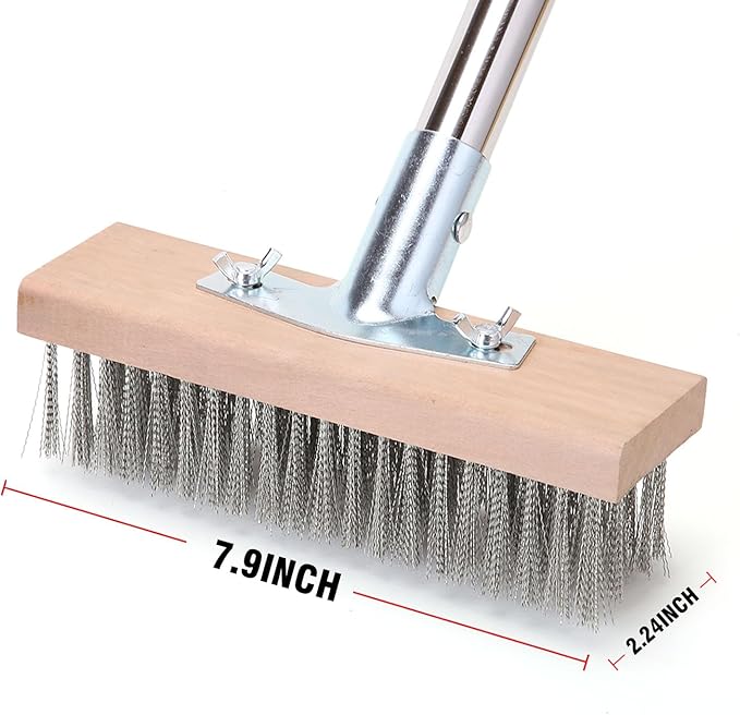 Stainless Steel Wire Scrub Brush with 63 Long Handle 2PCS 8 Brush Heads Heavy Duty Large Wire Brush Stiff Metal Bristle Floor Scrubber Patio Floor Cleaning Wire Broom for Concrete Deck Moss