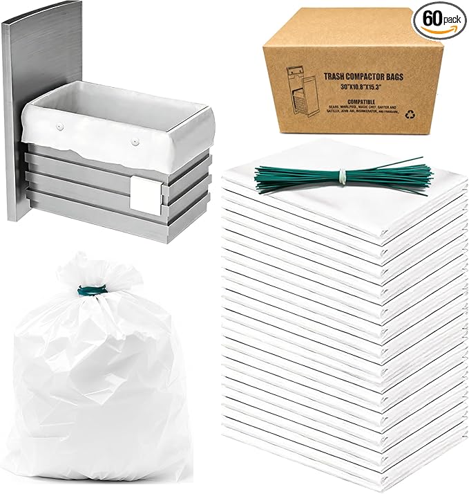 60 Pack Trash Compactor Bags Heavy Duty Compactor Bag for Kitchen Leak Proof 2.6 MIL Thickened Garbage Compactor Bags Fit for 15 inch Drawer Compactors(with Reserved Holes&ampTies)