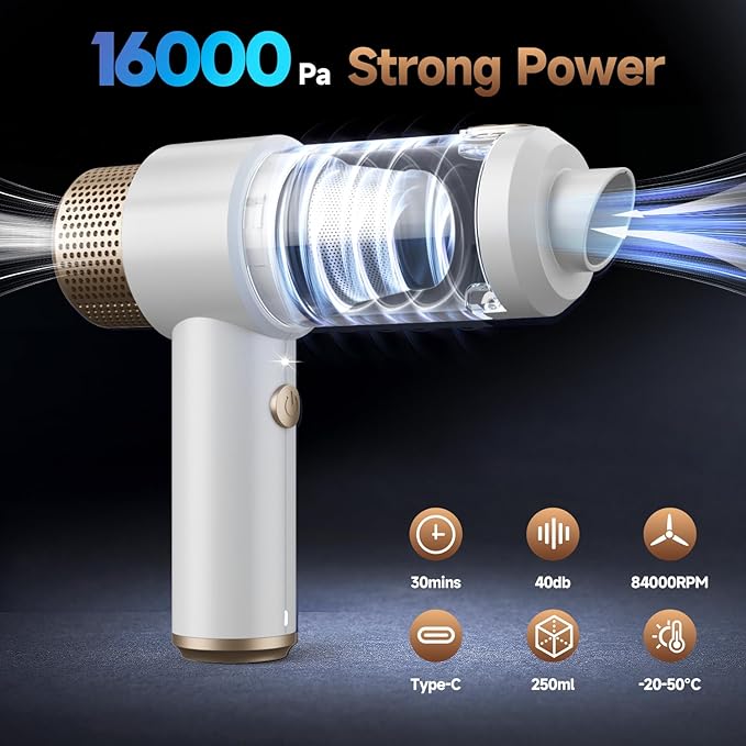 Car Vacuum Cleaner 16000PA Mini Car Vacuum Cordless Powerful 7 in 1 Portable Handheld Vacuum Cordless with LED Light Dual Filters One-Touch Empty for Pet Hair Home Office
