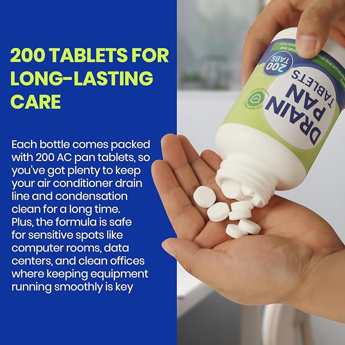 Drain Pan Tabs - 200 Tablets AC Drain Line Cleaner Fast-Acting Treatment for HVAC Window Units Mini-Splits Dehumidifiers Refrigerators - Lasts Up to 4 Weeks No Residue Water-Soluble