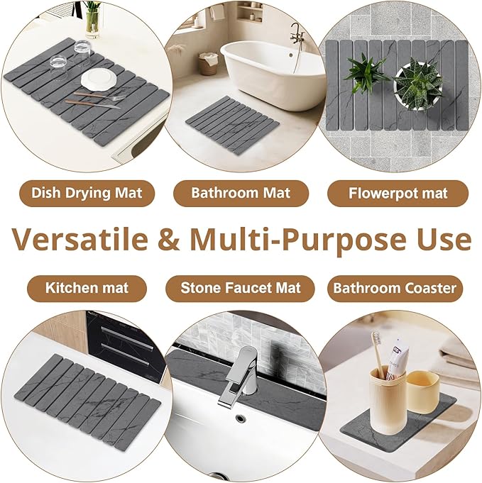 3 PCS Large Stone Dish Drying Mat for Kitchen Counter Quick Dry Stone Dishes Mats Foldable and Super Absorbent Diatomaceous Earth Drying Pad for Plate Rack Utensils 24×16 Dark Gray Marble