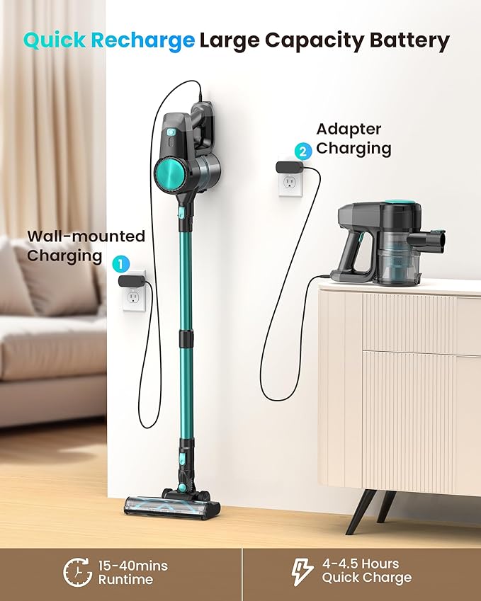 N3T Cordless Vacuum CleanerWireless Stick Vacuum with 40mins RuntimeSelf-StandingAnti-Tangle BrushRechargeable Lightweight Vacuum Cleaner for HomeHardwood FloorPet Hair Carpet-Cyan Green