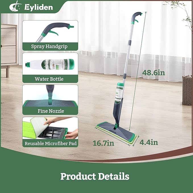 Eyliden Spray Mop with Cleaner Solution 40ml Bio-Enzyme Floor Cleaner Concentrate - pH Neutral 2 Microfiber Pads Long-Lasting Freshness Effective All-in-One Wet Mops Safe for All Floor Cleaing