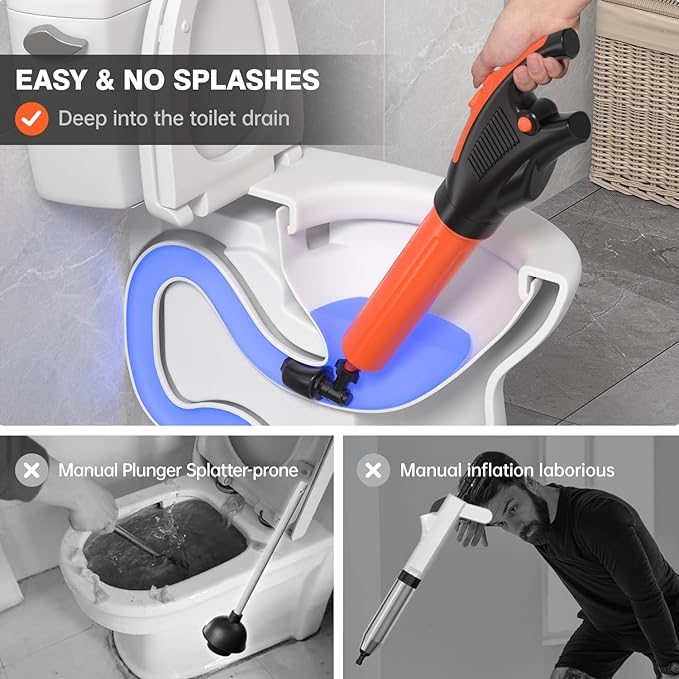 Electric toilet plungerToilet Auger with Pressure Gauge Electric Drain Snake for Clogged Toilet High-Pressure Toilet Auger plungers for bathroomPneumatic Toilet Auger Tool