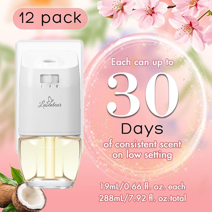 Plug In Air Freshener Refills 12 Pack – Cherry Blossom Raspberry Balsam Fir Coconut Spring &amp Summer Scented Refill for Home &amp Bathroom Compatible with Air Wick &amp Glade Not for Glade