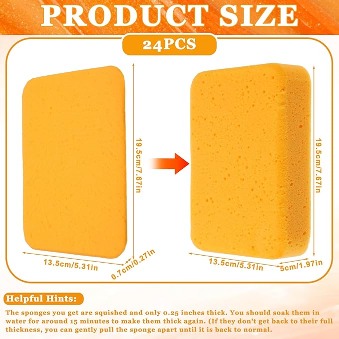 24 Pcs Large Cleaning Sponges Bulk 7.6 x 5.3 x 1.9 Inch Yellow Reusable Grout Sponge Super Absorbent Non-Scratch Car Wash Sponges for Car Floors Windows Dishes Cleaning