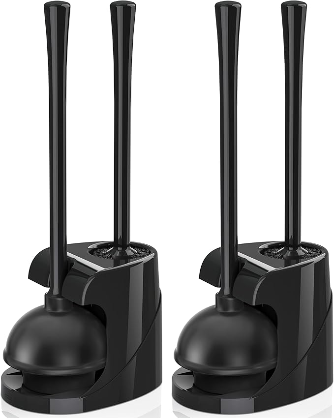 Toilet Plunger and Brush Bowl Brush and Heavy Duty Toilet Plunger Set with Ventilated Holder 2-in-1 Bathroom Cleaning Combo with Modern Caddy Stand for 5.7-inch Toilet Drain(Black 2 Set)