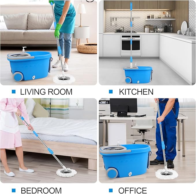 Mop Bucket with Wringer Set Extended Stainless Steel Handle 3 Microfiber Replacement Mop Head Refills 2 Wheels for Household Cleaning Hardwood Floor Tiles Blue/Gray