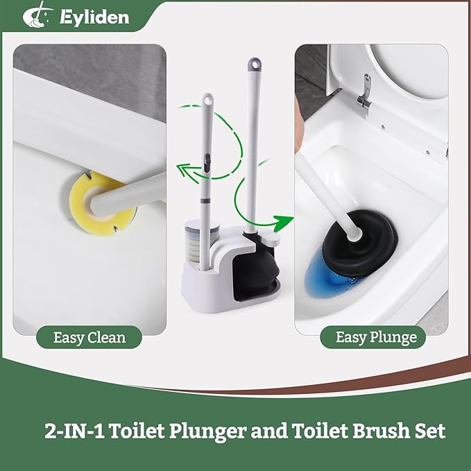 Eyliden Disposable Toilet Brush and Plunger Combo | 2-in-1 Toilet Bowl Wand Kit - 10 Count Pre-Soaked Refill Heads 3-Step Plunger Storage Holder - Compact Toilet Cleaning System (White)