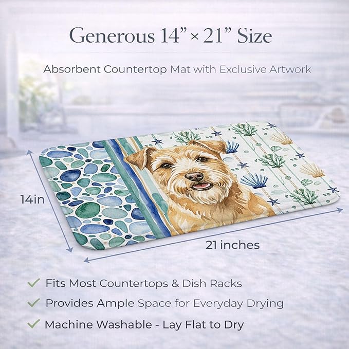 Caroline's Treasures Wheaten Norfolk Terrier Coastal Sea Glass Dish Drying Mat Absorbent Dish Drying Mat Pad for Kitchen Counter Dish Drainer Mat for Countertop 14 x 21 Multicolor