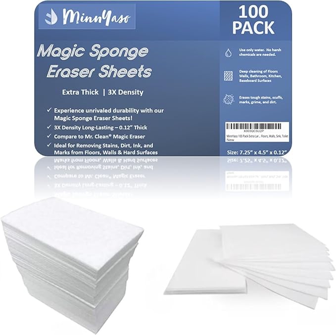 100 Pack Extra Large - Extra Thick - Super Durable Magic Sponge Eraser Sheets 7.25 x 4.5 x 0.12 | All Purpose Household Cleaner Pads for Kitchen Bathroom Floors Walls Sink Toilet