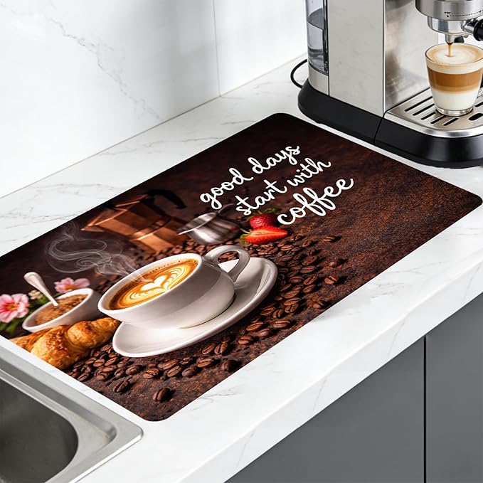 Nuxovilar Coffee Bar Mat Latte Art Scene Pattern Dish Drying Pad Natural Rubber Canvas 16.92 x 31.1 inchs Coffee Accessories Countertop Beverage Station Kitchen
