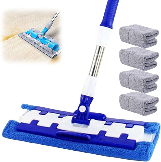 Flat Mop with Stainless Steel Handle with Reusable Washable Mop Cloths 2025 Professional Microfiber Mops Floor Cleaning Mops 4 Reusable Washable Pads (Blue-White Four mops)