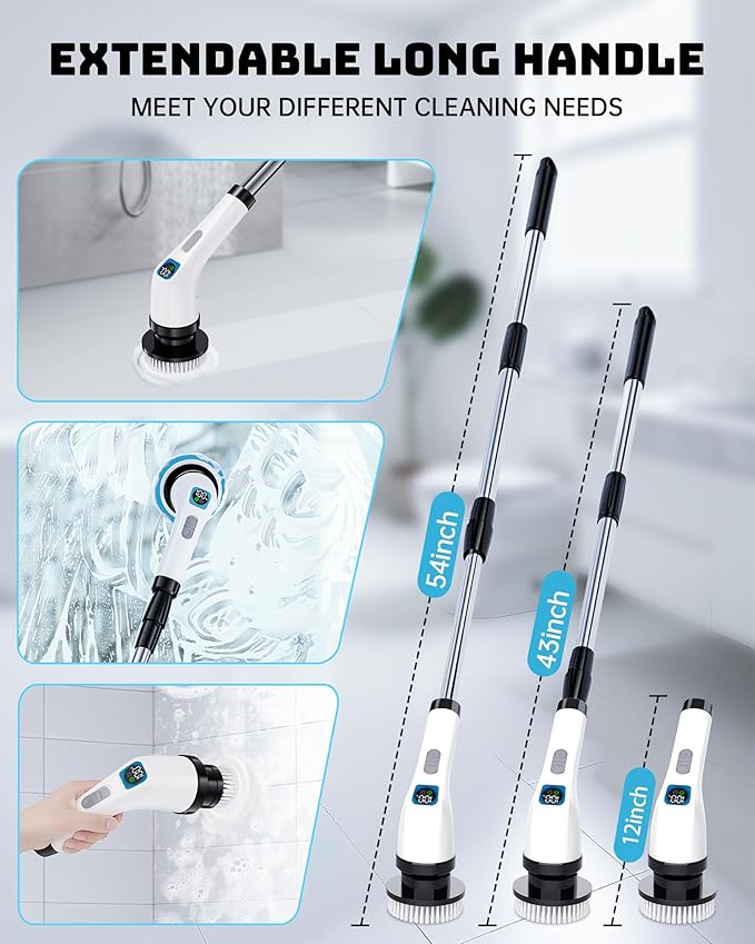 Electric Spin Scrubber IPX7 Shower Scrubber 7 Replaceable Brush Heads-90Mins Work Time 2-Speed Adjustable Bathroom Scrubber 3-Height Adjustable Handle Cordless Tub Scrubber for Bathtub Kitchen Glass