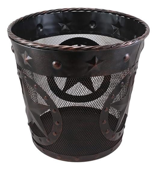 Ebros Rustic Western Texas Lone Stars in Circles of Nailheads with Braided Metal Rope Trim Wire Waste Basket Bin 12.75 Wide Home and Bathroom Accent Country Farmhouse Cowboy Decorative Trash Can