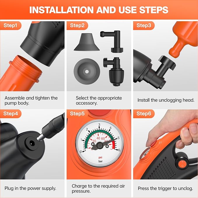 Electric toilet plungerToilet Auger with Pressure Gauge Electric Drain Snake for Clogged Toilet High-Pressure Toilet Auger plungers for bathroomPneumatic Toilet Auger Tool
