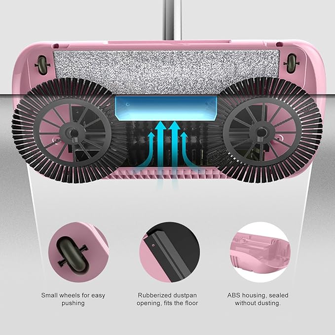 Household Hand Push Sweeper Multi Purpose Mop Broom Dustpan Blue Pink Manual Floor Cleaning Tool for Home Household Hand Push Sweeper (Pink)