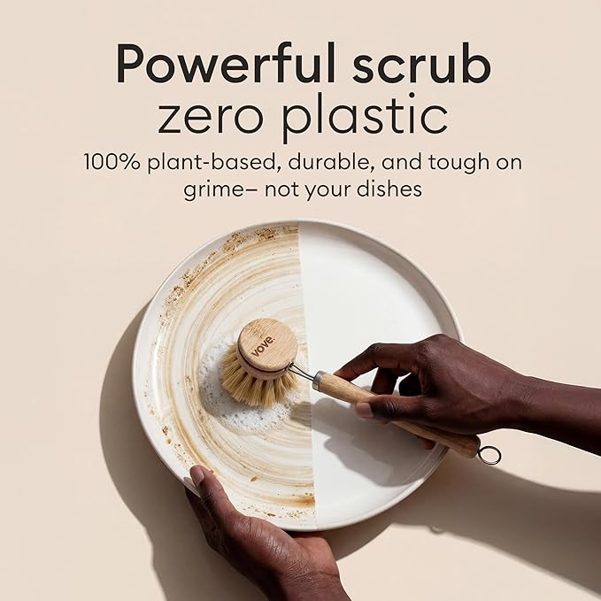 Vove Bamboo Dish Brush FSC-Certified - Includes 3 Replacement Heads - Natural Fiber Bristles - Non-Toxic Plastic-Free - Scrub Brush for Pots Pans &amp Dishes