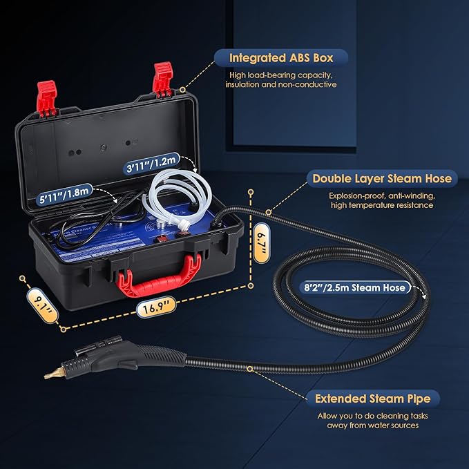 1700W Pressurized Steam CleanerHeavy Duty Portable Steamer for Car Detailing High Temp Home Use Floor Upholstery Grout 110V with 12 pcs Accessories