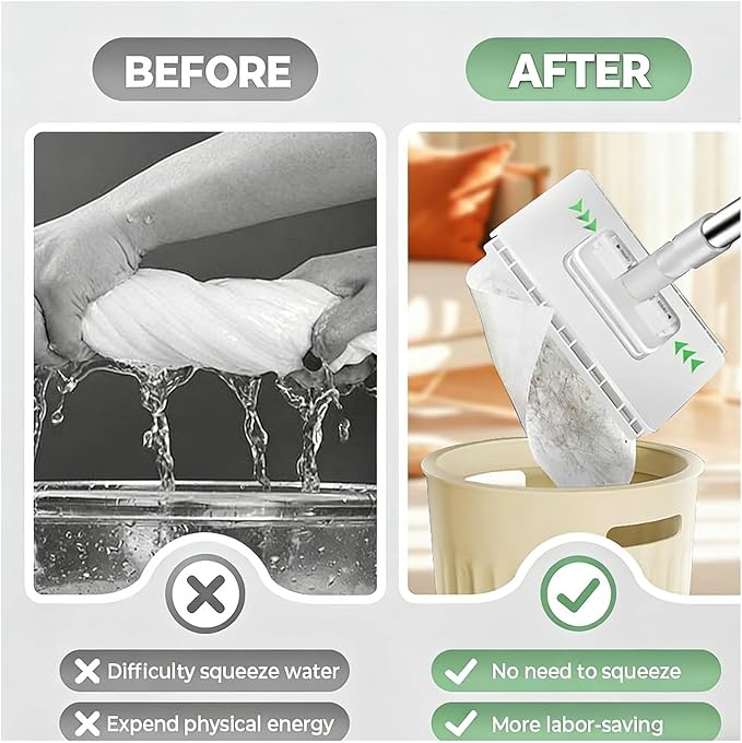 No Wash Mop Disposable Dusty Mop Lazy Mops Disposable Dust Mop with 4 Reusable Cloths Zero Touch Clip Mopping Stick Wet and Dry Click Mops for Floor Cleaning