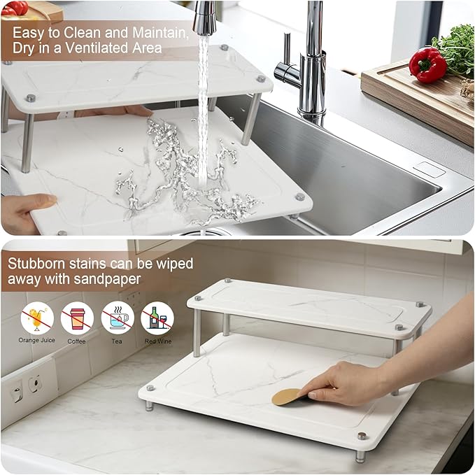 Stone Drying Mat for Kitchen Counter Double-layer Stone Drying Rack Super Absorbent Diatomaceous Earth Stone Dish Dry Mat with Non-Slip Stainless Steel Feet for Kitchen/Bedroom/Bathroom Supplies