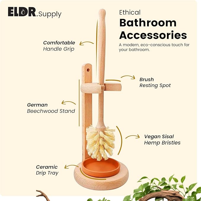 Toilet Bowl Cleaner Brush with Holder 14 Inch Extra Long German Beechwood Handle Strong Hemp Bristles Ceramic Drip Tray Biodegradable