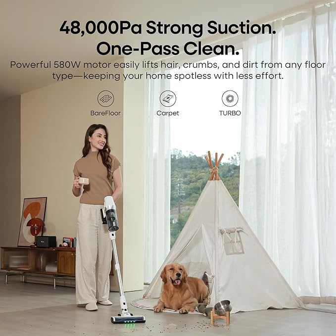 ElecKeys Cordless Vacuum Cleaner 580W 48KPA 65Mins Vacuum Cleaners for Home Self-Standing Anti-Tangle Vacuum with LED Display Rechargeable Lightweight Cordless Vacuum for Floors/Pet Hair/Carpets