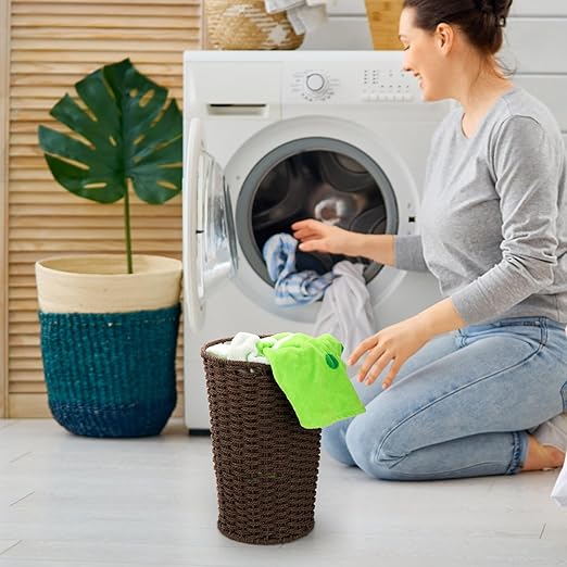 Bekith 2 Pack Small Wicker Waste Paper Basket Woven Basket Trash Can Wastebasket Decorative Round Garbage Container Bin for Bedroom Bathroom Home Offices Laundry Brown