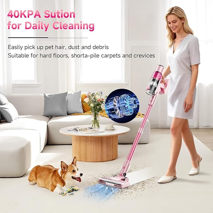 Cordless Vacuum Cleaner: Portable 6-in-1 Stick Vacuum with Anti-Tangle Brush LED Headlight Self-Standing HD Display Rechargeable Vacuum for Pet Hair Low-Pile Carpet and Hardwood Floor-Dark Pink