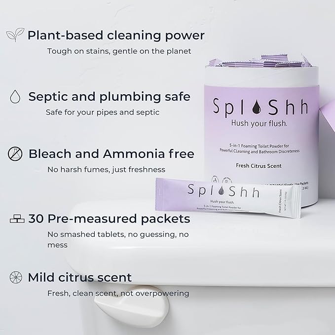 SplaShh 5 in 1 Foaming Toilet Bowl Cleaner 30 Powder Packets Fresh Citrus Scent No Harsh Chemicals Easy Clean Replaces Sprays Pods &amp Tablets Stain &amp Odor Remover Convenient Pouches