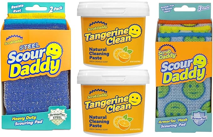 Scrub Daddy Deep Clean Kit - Scour Daddy Scour Pads (3ct) Steel Scrubbing Sponges (2ct) &amp Tangerine Multi Surface Cleaner (2ct) - Kitchen + Household Cleaning Supplies Pack (7 Pieces Total)