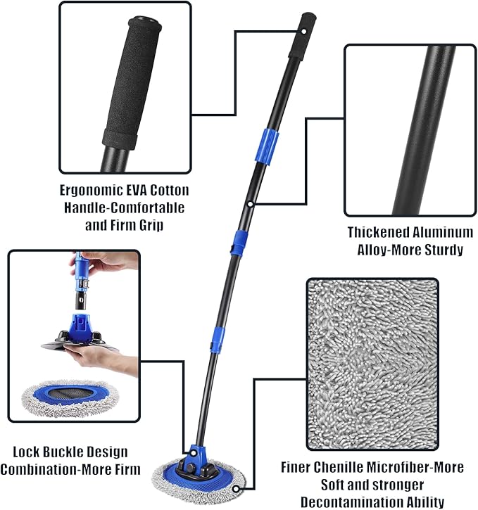Wall Cleaner Mop Washer Mops with Long Handle for Cleaning Walls Baseboard Window High Cabinet Ceiling Floor 15°Bend Labor-Saving Microfiber Dry Dust and Wet Wash Cleaning Mop with Replacement Pad