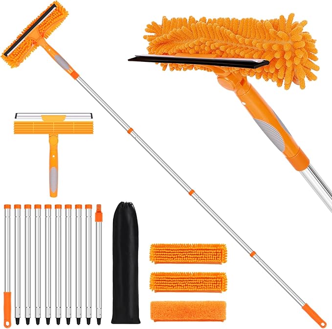 152'' Window Cleaning Kit 2 in 1 Window Squeegee with Extension Poles Window Cleaner Tools for Indoor/Outdoor High Window Car Glass