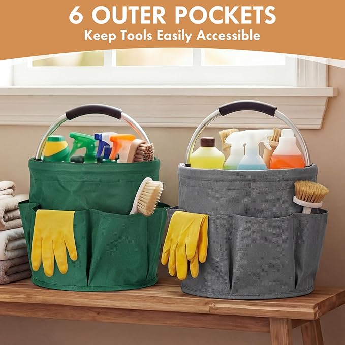 LemonRoad 4 Pack Cleaning Caddy with Handle 17L Foldable Cleaning Supplies Organizer Oxford Cloth Storage Basket with 6 Pockets &amp Soft Grip Portable Multi Bucket Bag for Home Garden(4 Colors)