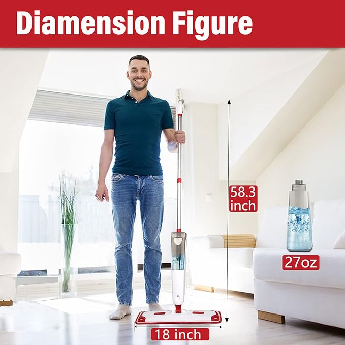 Mop for Floor Cleaning Professional 18 Inch Washable Reusable 3 Pads Refills and Refillable Spray Bottle for Easy Wet Dry Mopping Dust Flat Mops for Hardwood Laminate Tile