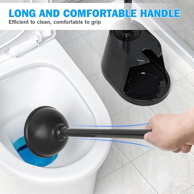 Toilet Plunger and Brush Set 2 Pack Bowl Brush and Heavy Duty Toilet Plunger with Ventilated Holder 2-in-1 Toilet Brush and Plunger Combo for 5.3-inch Toilet Drain Bathroom Deeply Cleaning(Black)