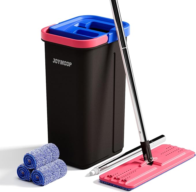 JOYMOOP Microfiber Flat Mop and Bucket System Mops for Floor Cleaning and Wall Cleaner Hardwood Tile Laminate Vinyl Floors Smooth Walls and Glass Windows - 60 Flat Mop+3 Microfiber Pads[Black]